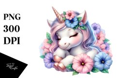 Cute Baby Unicorn with Petunia | Watercolor Product Image 1