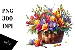 Vibrant Colorful Watercolor Basket with Freesia Product Image 1