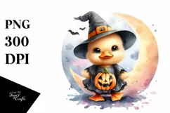 Cute Baby Duck on Halloween Moon PNG Product Image 1
