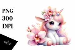 Cute Baby Unicorn with Orchid | Watercolor Product Image 1