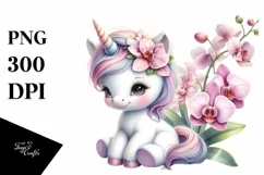 Cute Baby Unicorn with Orchid | Watercolor Product Image 3