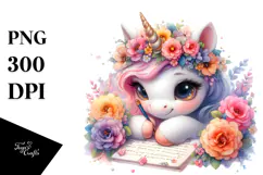 Cute Baby Unicorn Writing | Watercolor Clipart Product Image 1