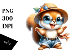 Cute Baby Squirrel with Hat and Sunglasses Watercolor PNG Product Image 1