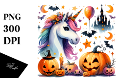 Vibrant Drawing Unicorn Halloween | Watercolor Clipart Product Image 1