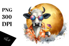 Funky Cow in Beachwear Drinking Cocktail, Watercolor PNG Product Image 1