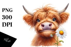 Cow Watercolor Highland Cow Portrait with a Daisy Product Image 3