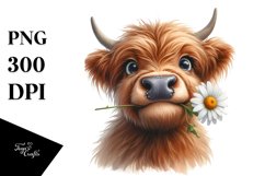 Cow Watercolor Highland Cow Portrait with a Daisy Product Image 3