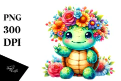Vibrant Flower Crown Cartoon Turtle | Sublimation | Clipart Product Image 1