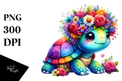 Cute Cartoon-Style Turtle Flowers | Watercolor Clipart Product Image 1