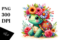 Cute Cartoon-Style Turtle Flowers | Watercolor Clipart Product Image 1