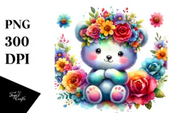 Cute Cartoon-Style Bear Flower Crown | Watercolor Clipart Product Image 1