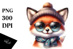 Cute Baby Fox with Hat and Sunglasses Watercolor PNG Product Image 1