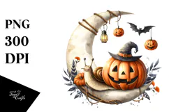 Halloween Snail on Moon, Watercolor PNG Product Image 1