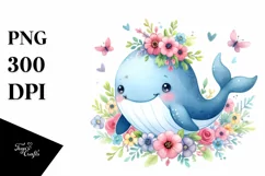 Whimsical Flowers, Cute Baby Whale | Sublimation | Clipart Product Image 1