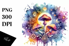 Vibrant Celestial Mushroom Watercolor PNG Product Image 1