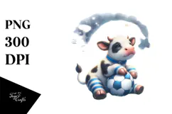 Cute Baby Cow Playing Rugby on Moon | Clipart Product Image 1