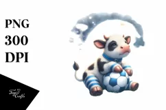 Cute Baby Cow Playing Rugby on Moon | Clipart Product Image 1