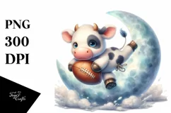 Cute Baby Cow Playing Rugby on Moon | Clipart Product Image 1