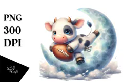 Cute Baby Cow Playing Rugby on Moon | Clipart Product Image 1