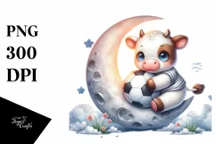 Watercolor Baby Cow Playing Rugby on Moon Product Image 3