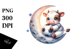 Cute Baby Cow Playing Rugby on Moon | Clipart Product Image 1