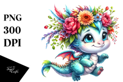 Baby Dragon with Floral Wreath PNG Product Image 1