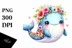Whimsical Flowers, Cute Baby Whale | Sublimation | Clipart Product Image 3
