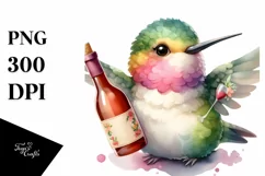 Funny Hummingbird with Wine Watercolor Clipart Product Image 3