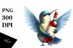Funny Hummingbird with Wine Watercolor Clipart Product Image 3