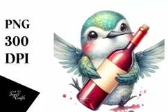 Funny Hummingbird with Wine Watercolor Clipart Product Image 1
