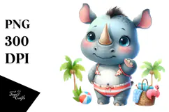 Cute Baby Rhino Dressed for Beach Watercolor Illustration | Product Image 1