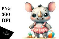 Cute Baby Rhino Dressed for Beach Watercolor Illustration | Product Image 1