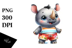 Cute Baby Rhino Dressed for Beach Watercolor Illustration | Product Image 1