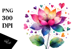 Digital Watercolor Simple Flower with Heart Petals, PNG Product Image 1