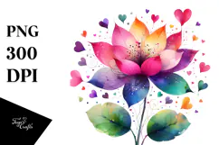Digital Watercolor Simple Flower with Heart Petals, PNG Product Image 1