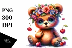 sitting Bear with Floral Wreath PNG Product Image 3
