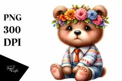 sitting Bear with Floral Wreath PNG Product Image 1