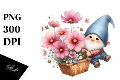 Floating Gnome with Large Cosmos, Vibrant PNG Product Image 1