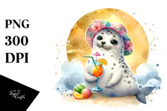 Cute Seal in Beachwear Drinking a Cocktail, PNG Product Image 1