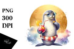 Cute Seal in Beachwear Drinking a Cocktail, PNG Product Image 1