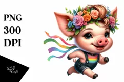 Goofy Pig Running with Floral Wreath PNG Product Image 1