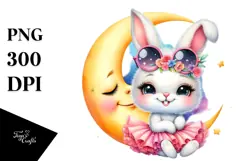 Smiling Baby Bunny in Tutu with Moon, Vibrant PNG Product Image 1