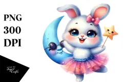 Smiling Baby Bunny in Tutu with Moon, Vibrant PNG Product Image 1
