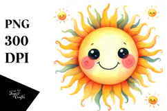 Smiling Whimsical Sun Watercolor PNG Product Image 1