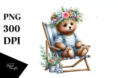 Young Bear with Flower Wreath on Beach Chair | Clipart Product Image 3