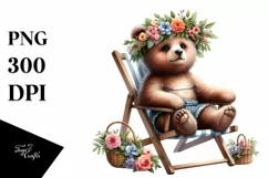 Young Bear with Flower Wreath on Beach Chair | Clipart Product Image 3