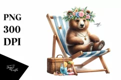 Young Bear with Flower Wreath on Beach Chair | Clipart Product Image 3