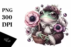 Cute Baby Frog with Anemone Bouquet PNG Product Image 1