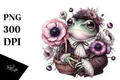 Cute Baby Frog with Anemone Bouquet PNG Product Image 1