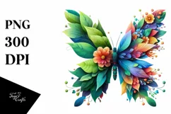 Vibrant Watercolor Butterfly with Plant Leaves and Flowers, Product Image 3